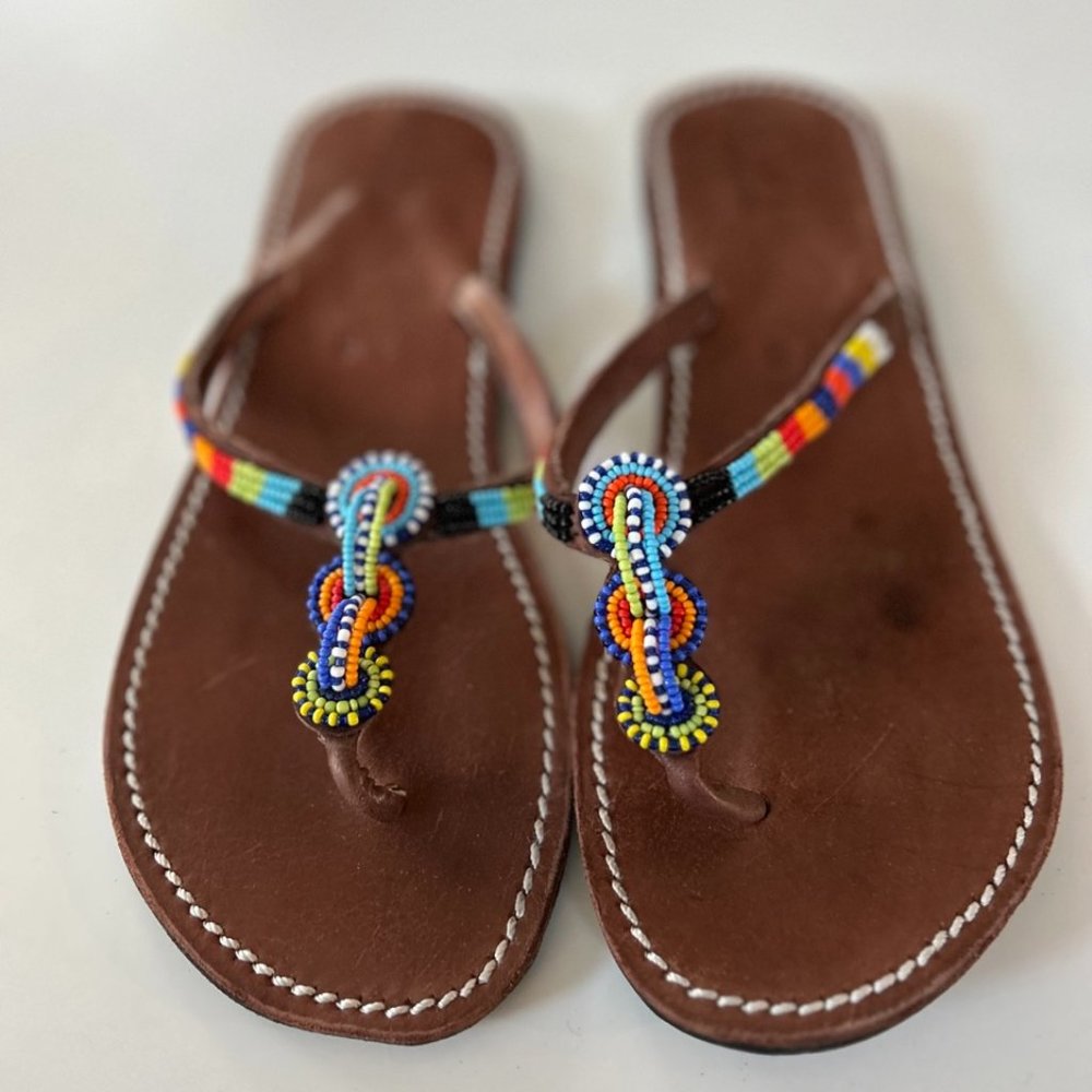 Anthropologie Handcrafted, Leather Flip Flop Sandals, African Beading, Size 39/8